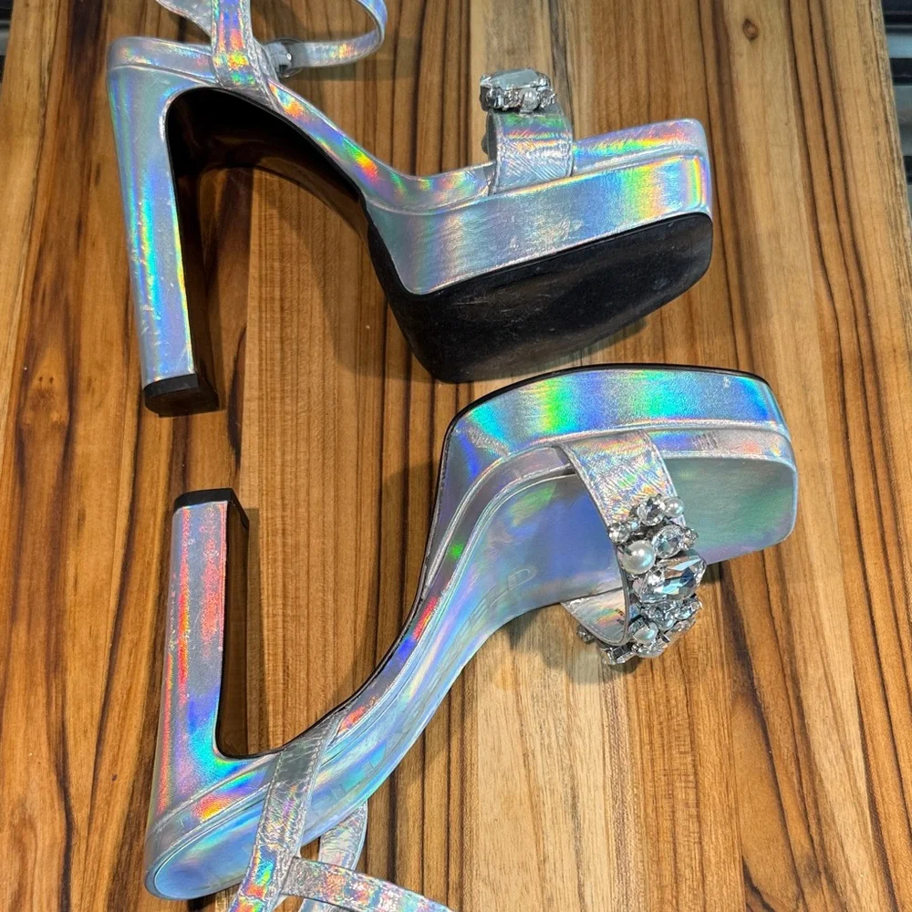 Karl Lagerfeld Holographic Jeweled Platform Sandals - Silver